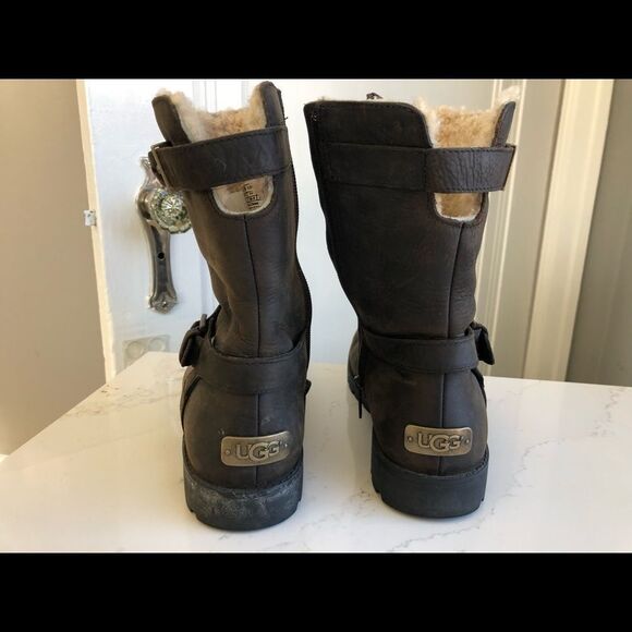 UGG Size 7 leather Dark Brown Boots Buckled Detailing - Picture 6 of 8